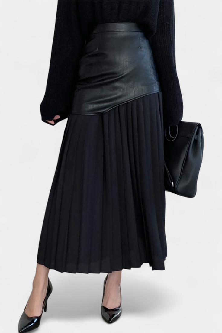 Noelle | Asymetrická maxi sukně z šifonu a syntetické kůže