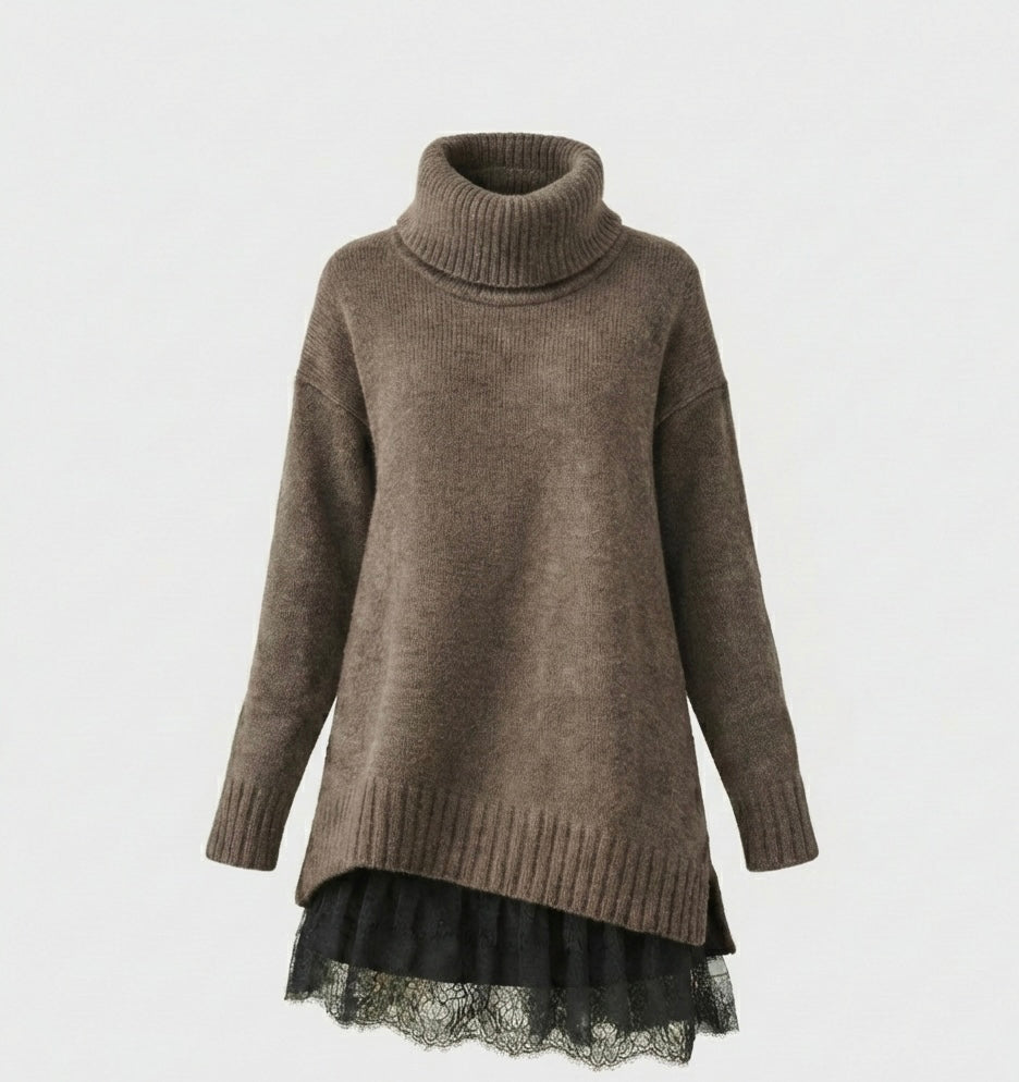 Sára | Luxusní pletené šaty s rolákem a krajkovým detailem