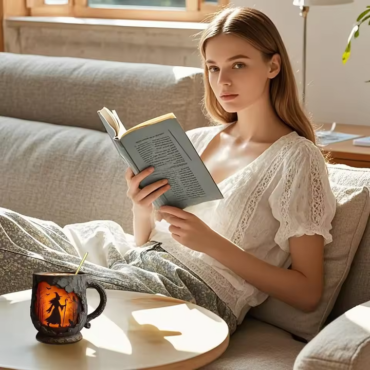 Artisanální 3D Halloweenský hrnek – S designem čarodějnice a kočky