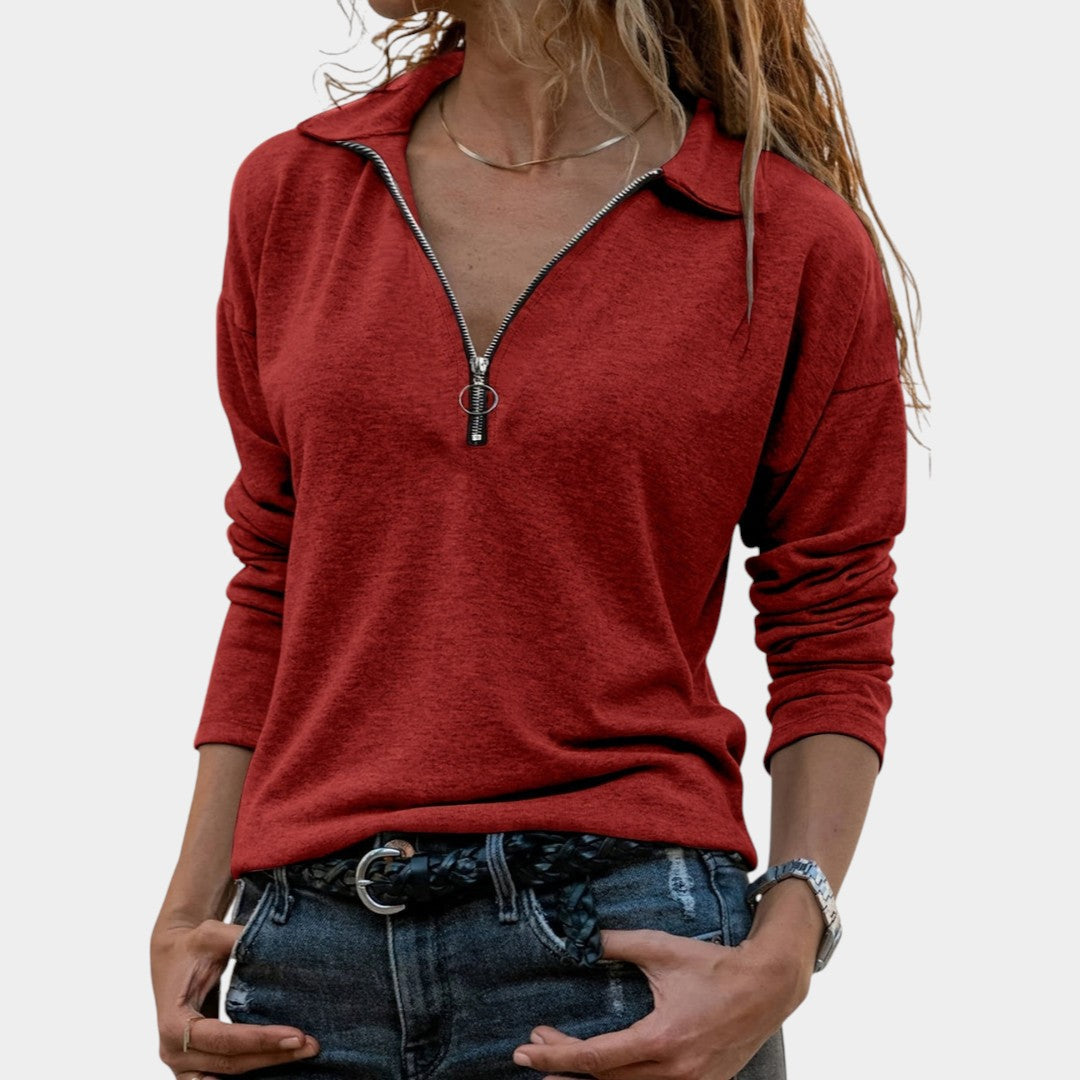 Eva – Dámský žebrovaný svetr s půlzipem