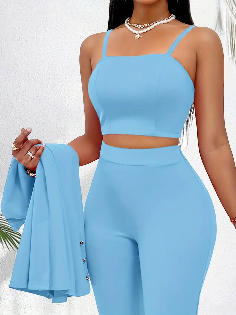 Kompletní modrá sada 3 kusů – top, sako a kalhoty (prémiová kvalita)