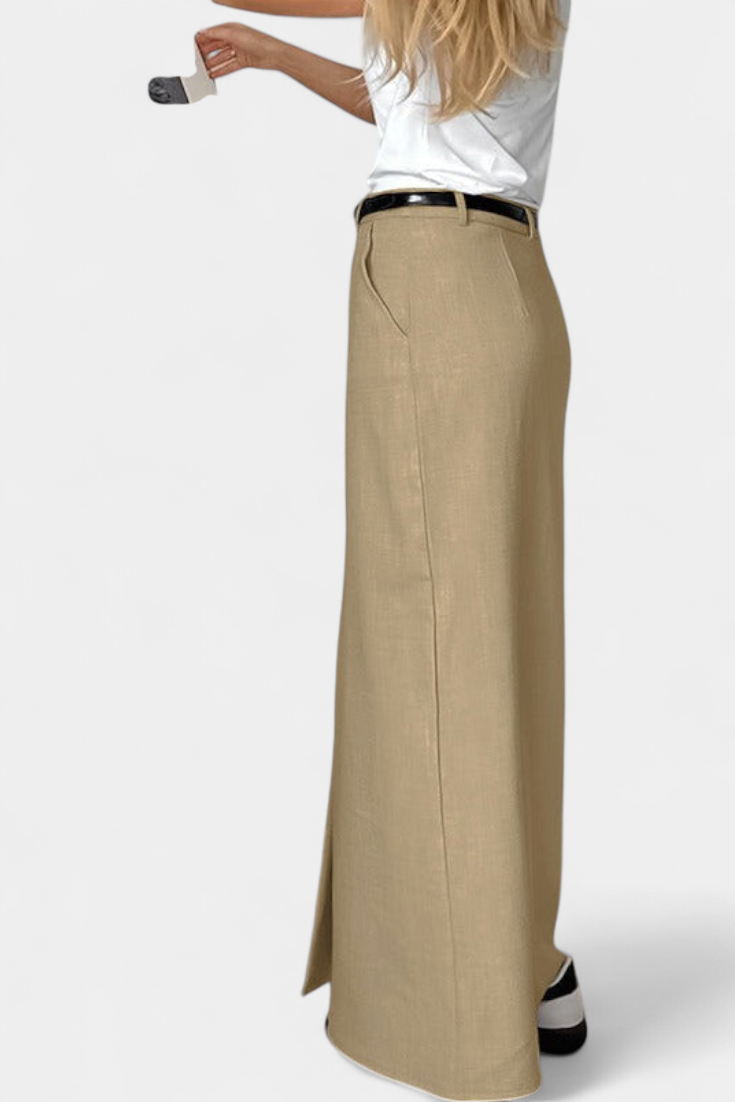 Amani | Dlouhá sukně s vysokým pasem, předním rozparkem a rovným střihem